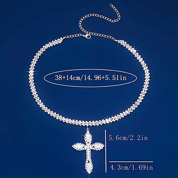 Silver Crystal Cross Choker Necklace Boho Tribal - Picture 5 of 5